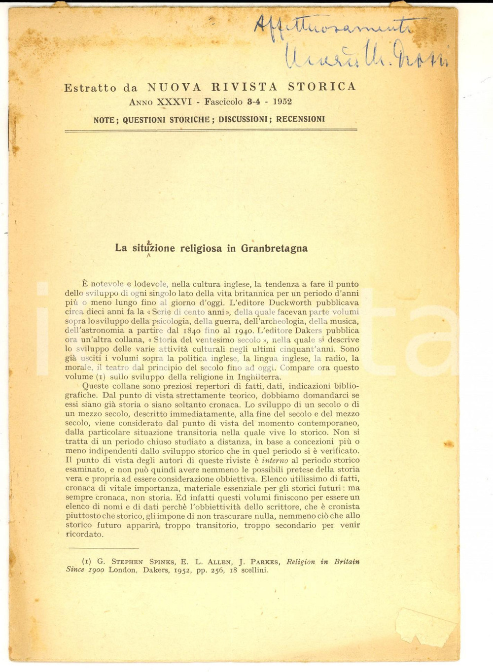 Libro, pubblicazione d epoca 1952 Mario M. ROSSI La situazione religiosa in Granbretagna Invio AUTOGRAFO 1