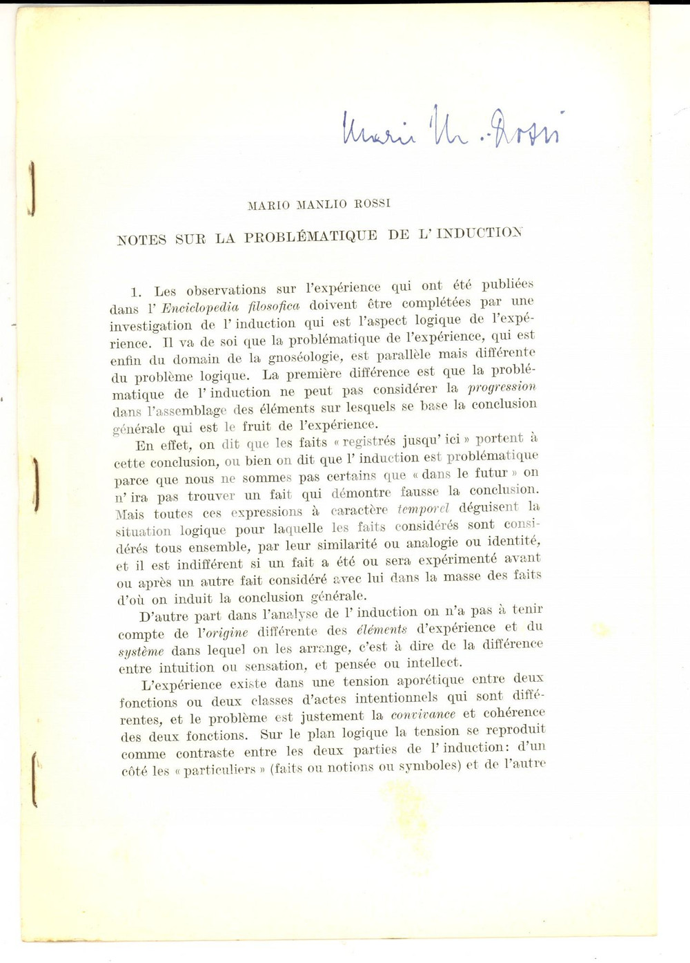 Libro, pubblicazione d epoca 1960 Mario M. ROSSI Notes sur la problÃ©matique de l induction Invio AUTOGRAFO 1