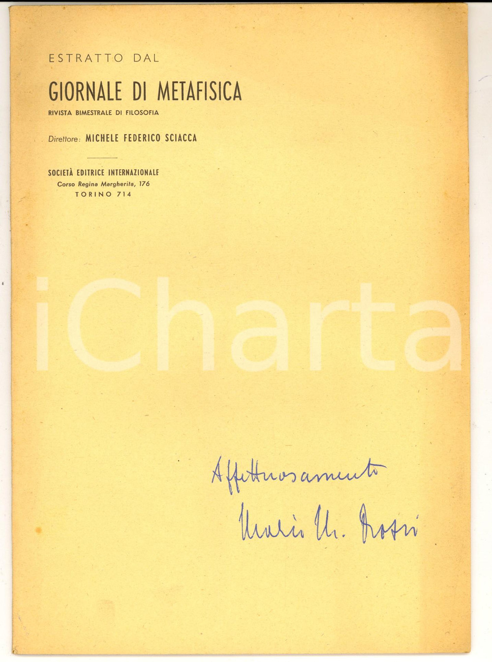 Libro, pubblicazione d epoca 1960 ca GIORNALE DI METAFISICA Mario Manlio ROSSI Empirismo Invio AUTOGRAFO 1