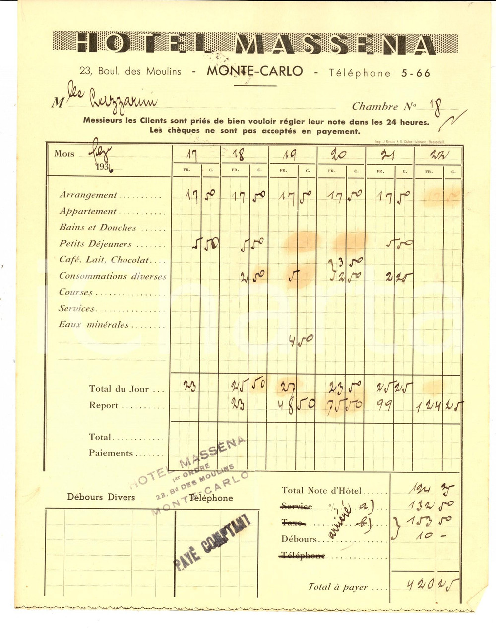 Documento originale, autentico 1936 MONTECARLO Hotel MASSENA  Conto della camera Carta intestata 4 1