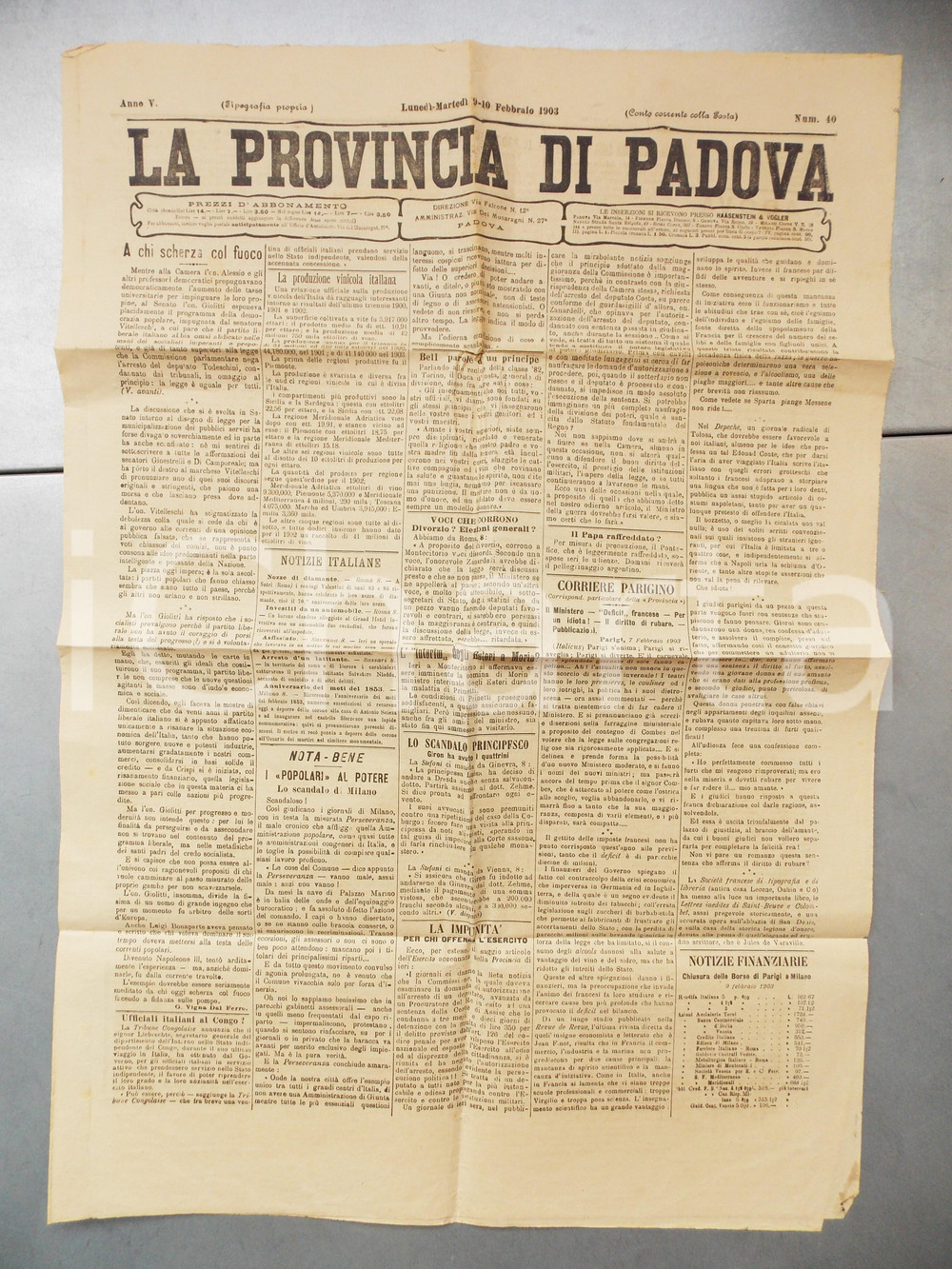 Giornale, rivista storica 1903 LA PROVINCIA DI PADOVA L on. GIOLITTI scherza col fuoco Giornale nÂ° 40 1