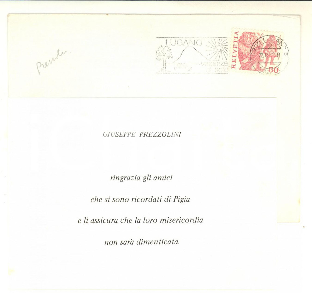 Manoscritto, lettera originale 1981 LUGANO Partecipazione lutto Giuseppe PREZZOLINI per la moglie Gioconda 1