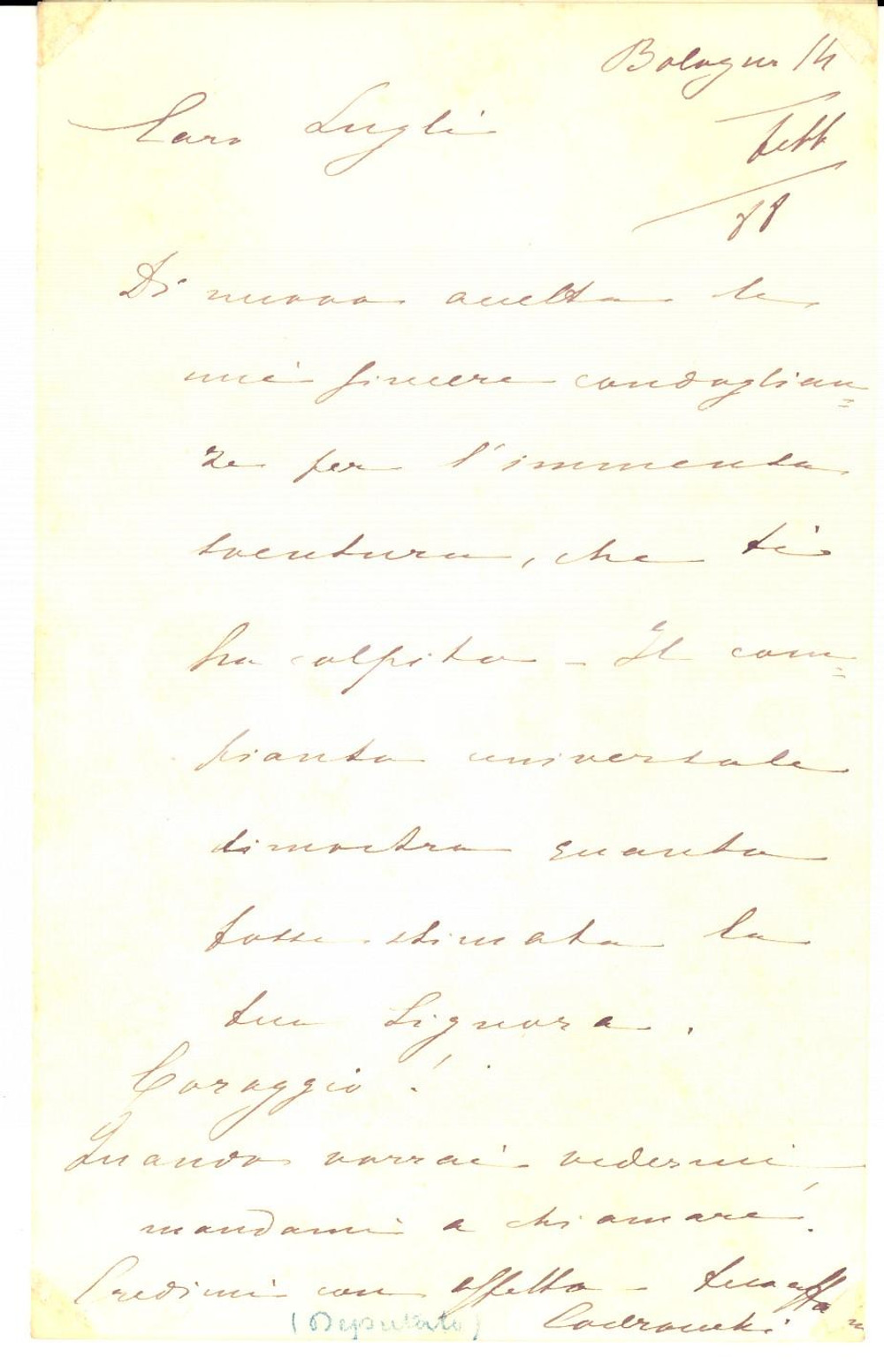 Autografo originale 1888 BOLOGNA Lettera conte Giovanni CODRONCHI ARGELI per condoglianze Autografo 1