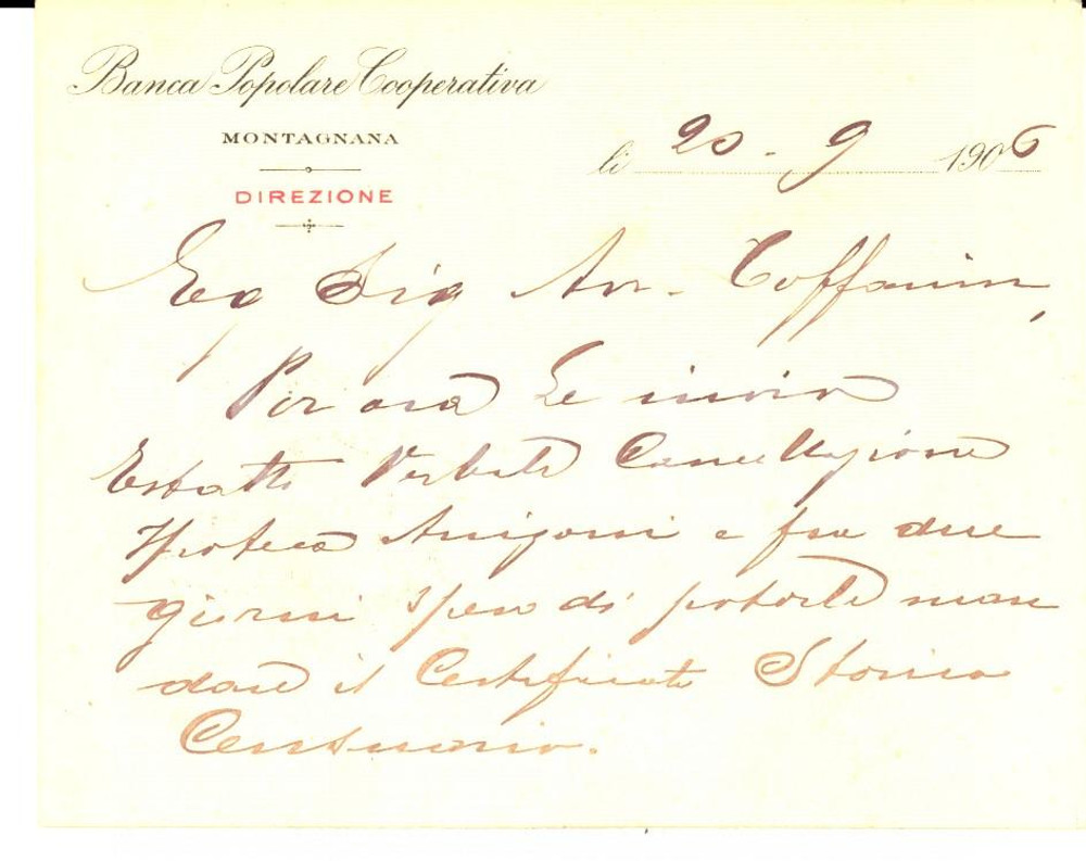 Autografo originale 1906 Banca Popolare MONTAGNANA Biglietto direttore Angelo COLOMBELLIAutografo 1