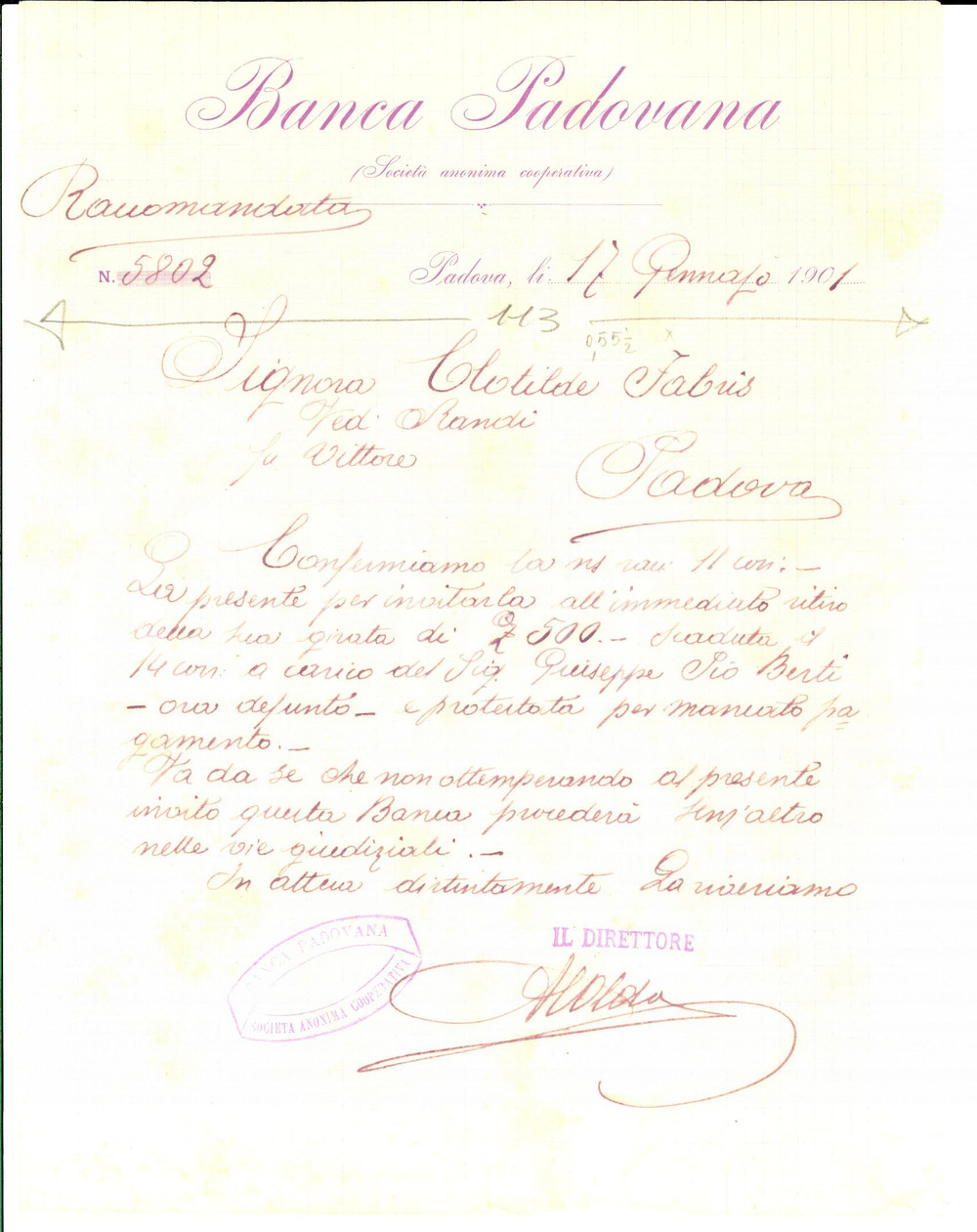 Documento originale, autentico 1901 PADOVA Lettera BANCA PADOVANA per ritiro girata Carta intestata 1