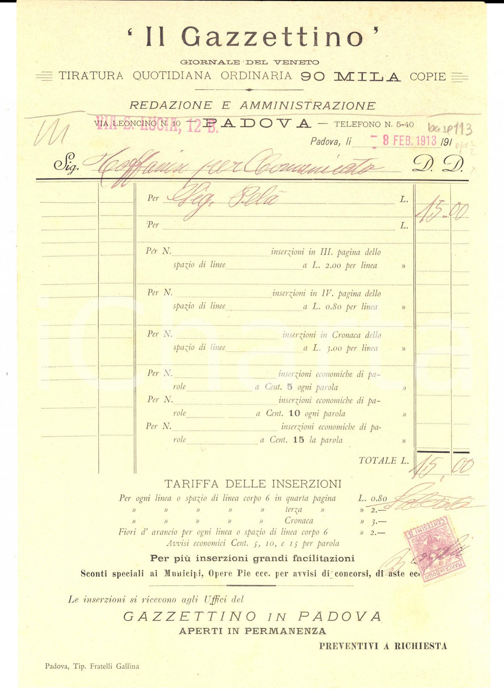 Documento originale, autentico 1913 PADOVA Il GAZZETTINO  Giornale del Veneto Fattura con bollo 1