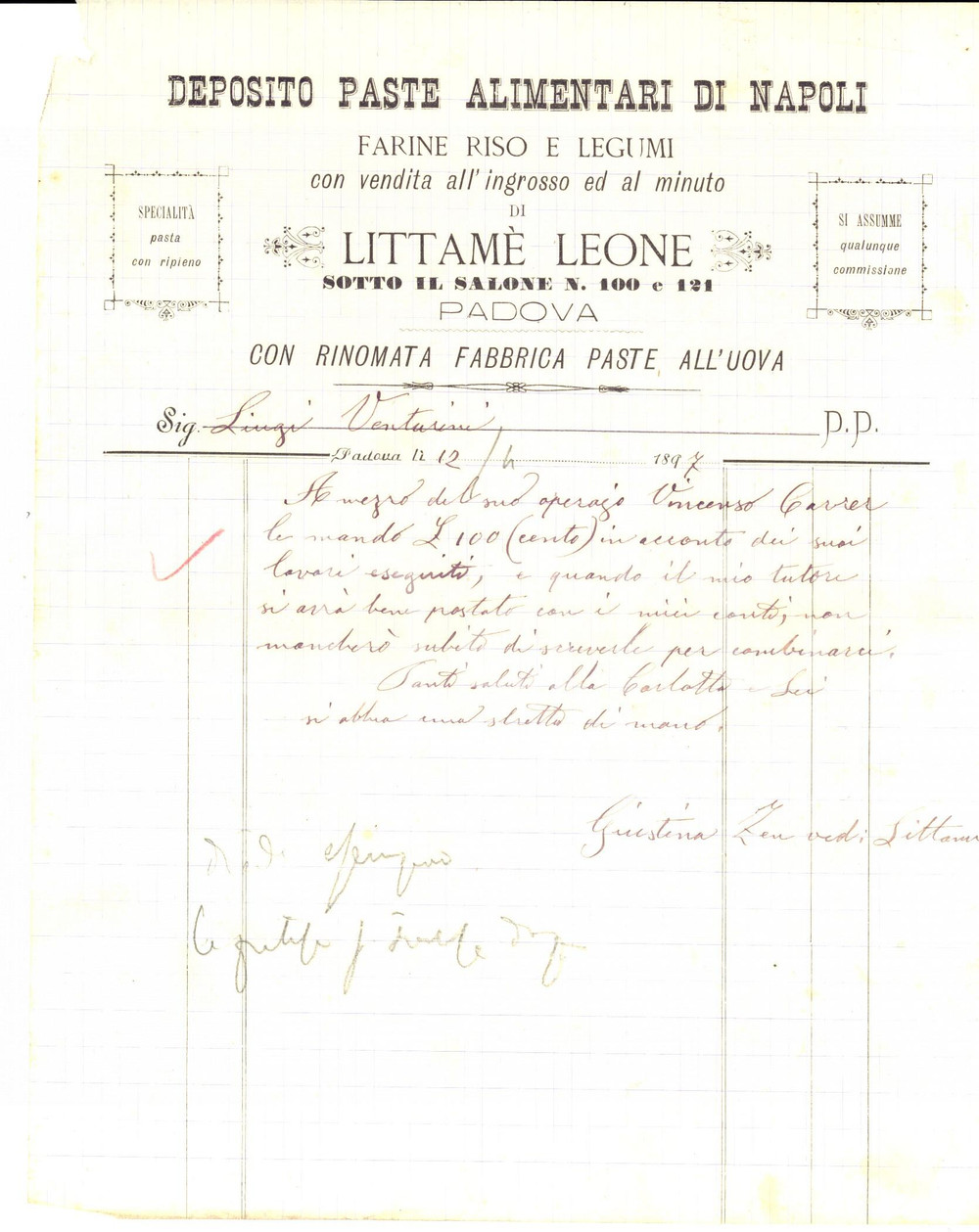 Documento originale, autentico 1897 PADOVA Ditta Leone LITTAME Deposito paste alimentari Conto manoscritto 1
