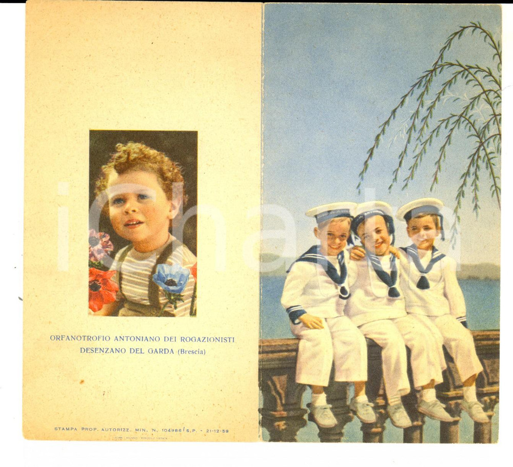Materiale pubblicitario d’epoca 1959 DESENZANO DEL GARDA Orfanotrofio Antoniano Rogazionisti Pieghevole 1