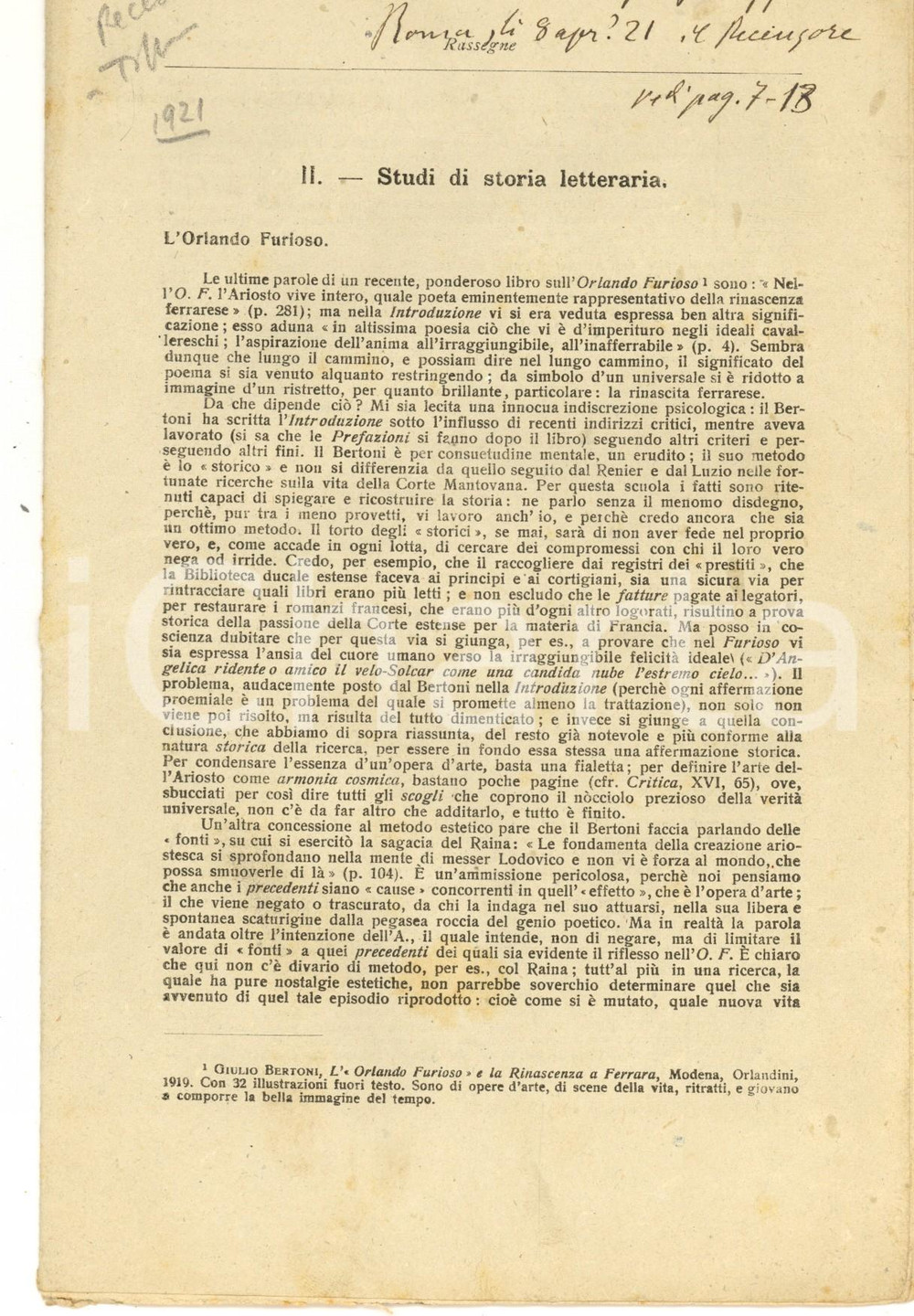 Libro, pubblicazione d epoca 1921 Enrico CARRARA Recensioni sulla storia letteraria Invio AUTOGRAFO 1