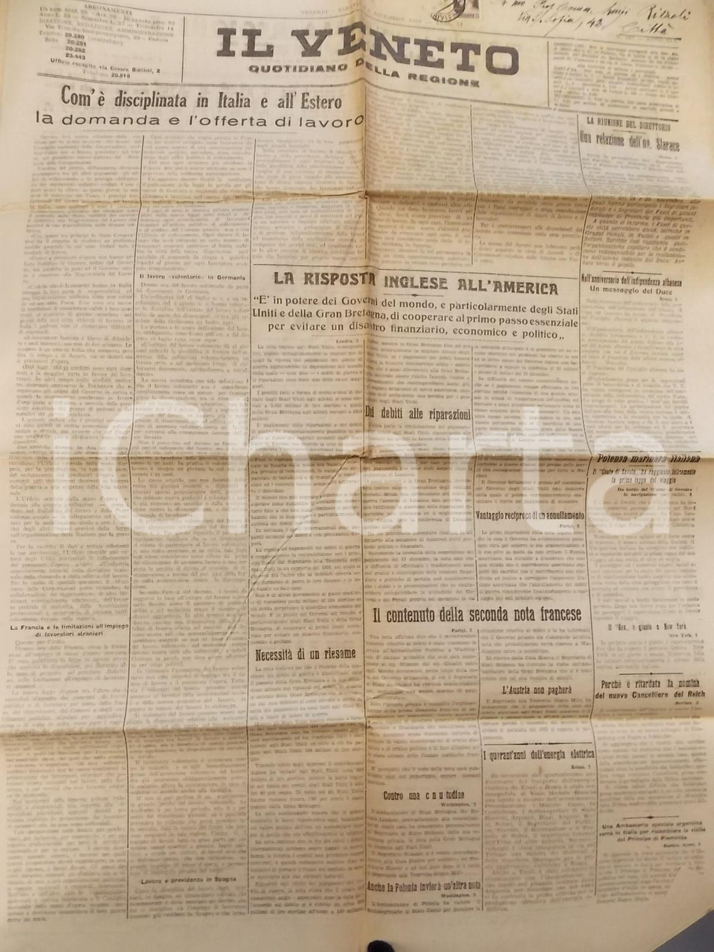 Giornale, rivista storica 1932 IL VENETO La risposta inglese all America Quotidiano della Regione anno XI 1