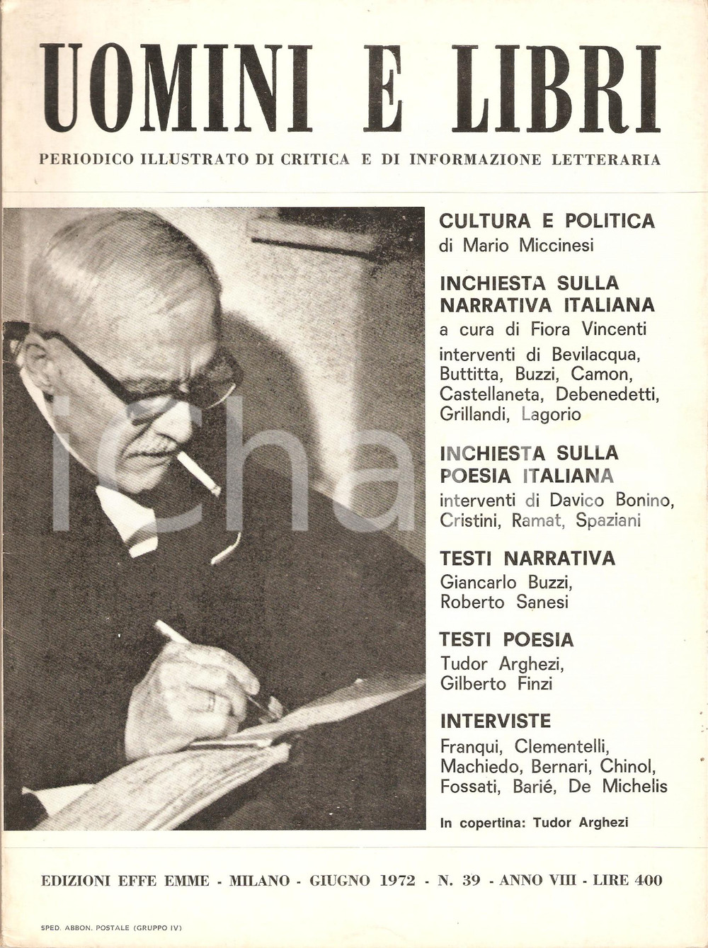 Giornale, rivista storica 1972 UOMINI E LIBRI n. 39 Tudor ARGHESI Poesia Accordi di parole Rivista 21x29 1