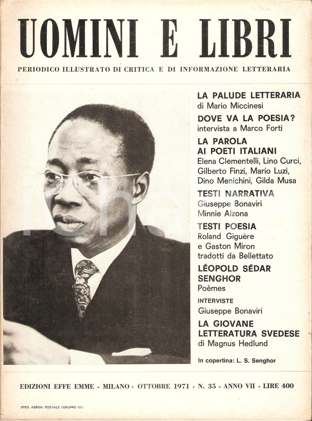 1971 UOMINI E LIBRI n. 35 LÃ©opold SEDAR SENGHOR Poesia del SENEGAL *Rivista CONDIZIONI: FAIRPAGINE: 64DIMENSIONI: 21x29 cm     originale e autentica 1