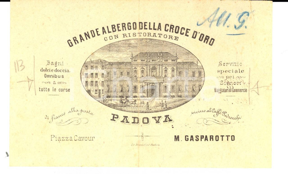 Materiale pubblicitario d’epoca 1891 PADOVA Grande Albergo CROCE D ORO  Ricevuta ILLUSTRATA DANNEGGIATA 1