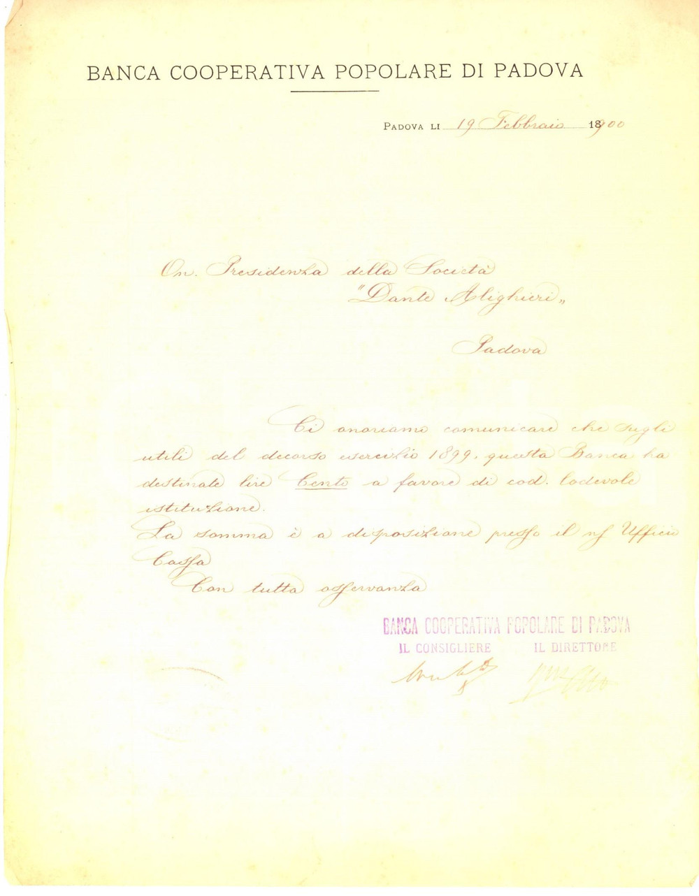 Manoscritto, lettera originale 1900 PADOVA Banca Cooperativa Popolare  Donazione alla Dante Alighieri 1