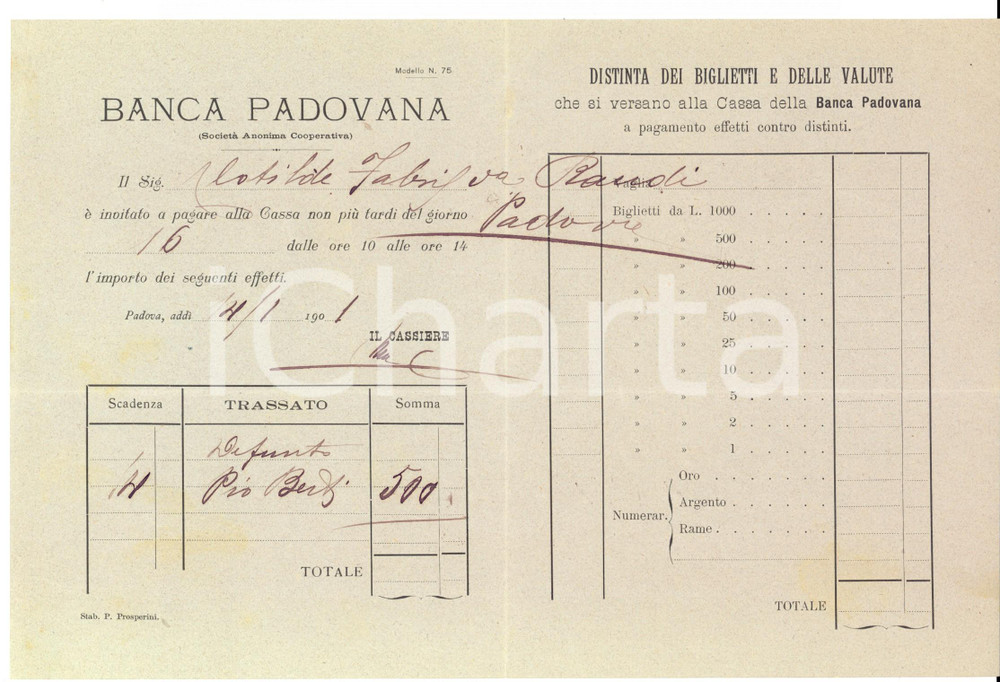 Documento originale, autentico 1901 PADOVA Banca Padovana  Invito al pagamento di cambiali e distinta 1