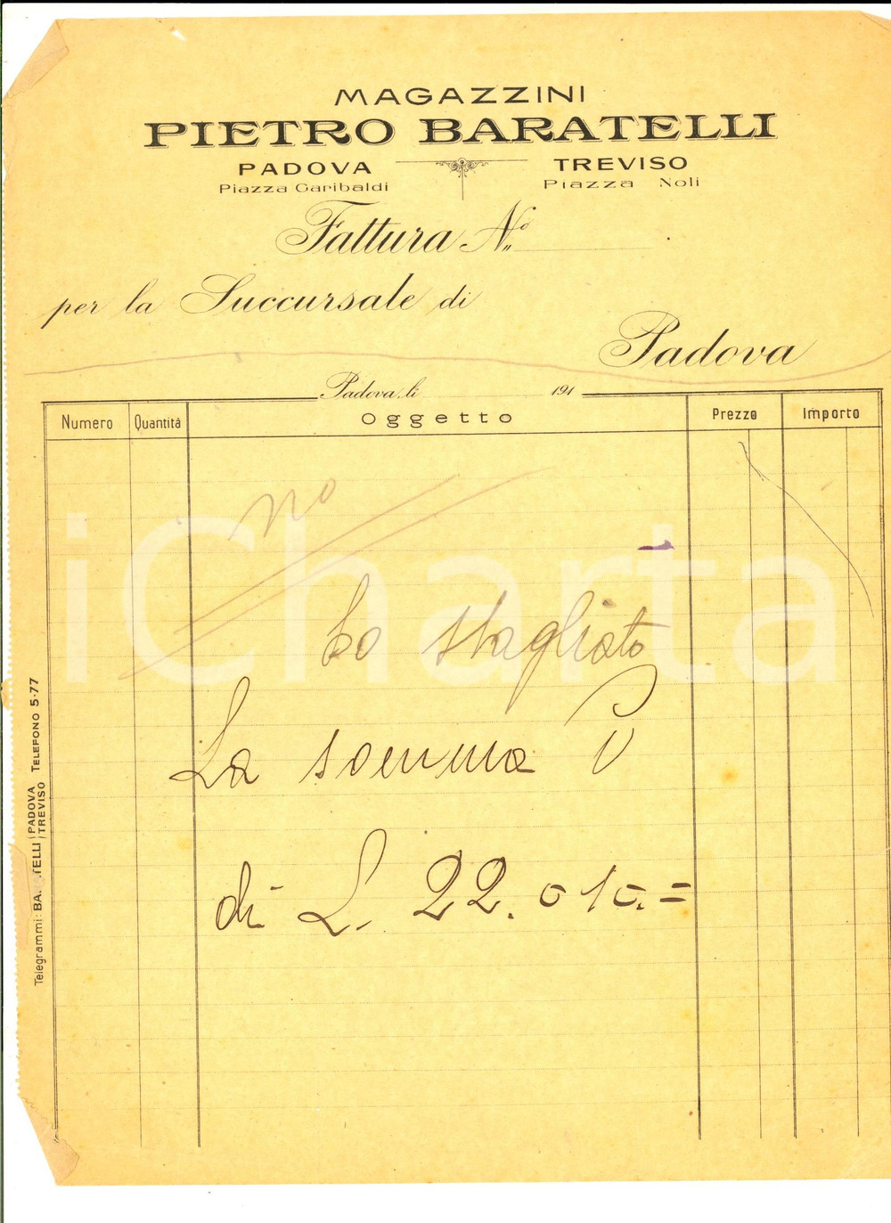 Documento originale, autentico 1910 ca PADOVA Magazzini Pietro BARATELLI Fattura su carta intestata 1