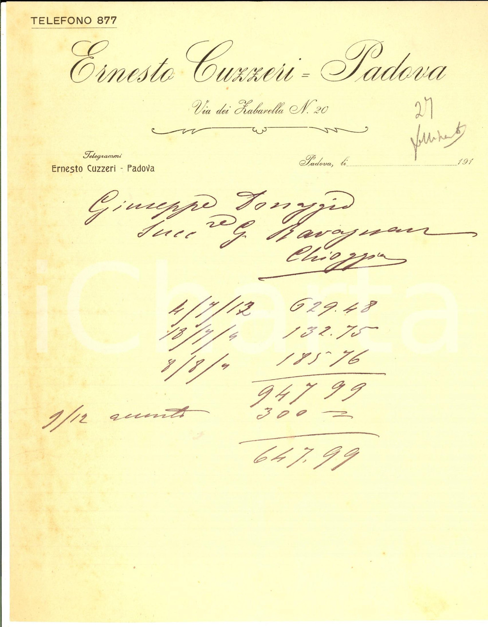 Documento originale, autentico 1910 ca PADOVA Ditta Ernesto CUZZERI  Conto manoscritto su carta intestata 1