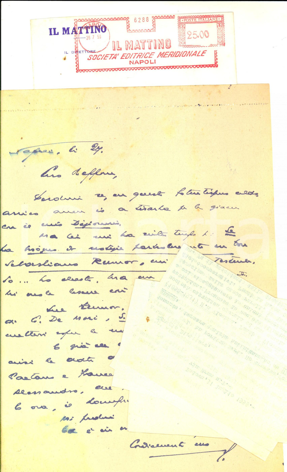 1959 NAPOLI IL MATTINO Giovanni ANSALDO cerca notizie su don Sebastiano RUMOR