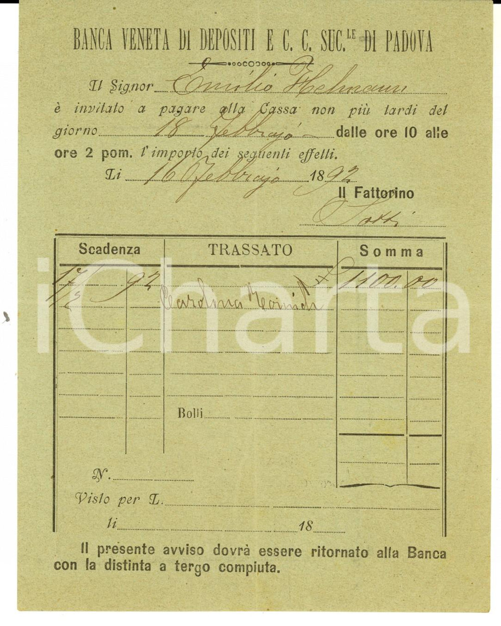 Documento originale, autentico 1892 PADOVA Banca Veneta di Depositi  Invito al pagamento di cambiali 1