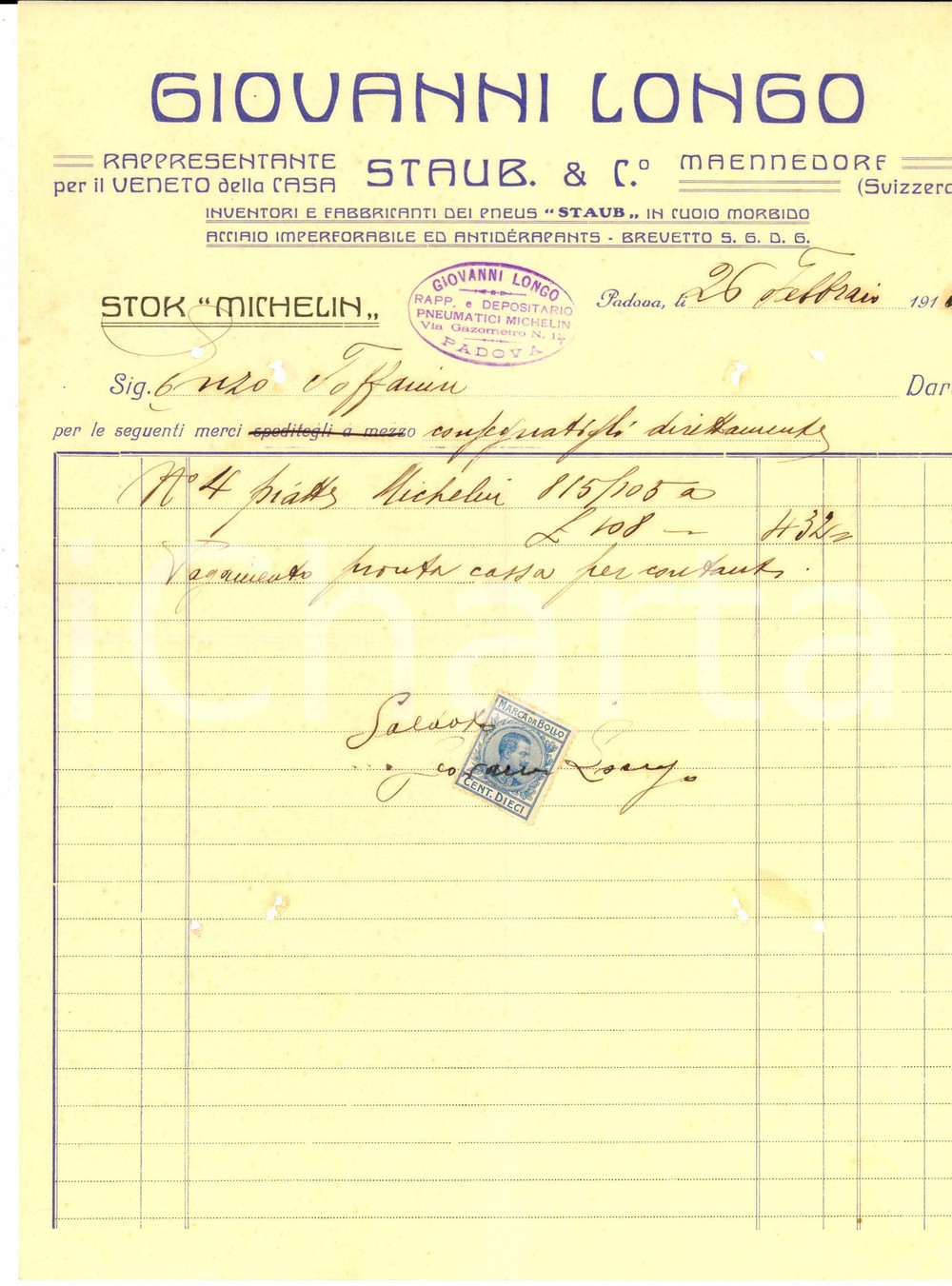 Documento originale, autentico 1915 PADOVA Giovanni LONGO Rappresentante STAUB Fattura su carta intestata 1