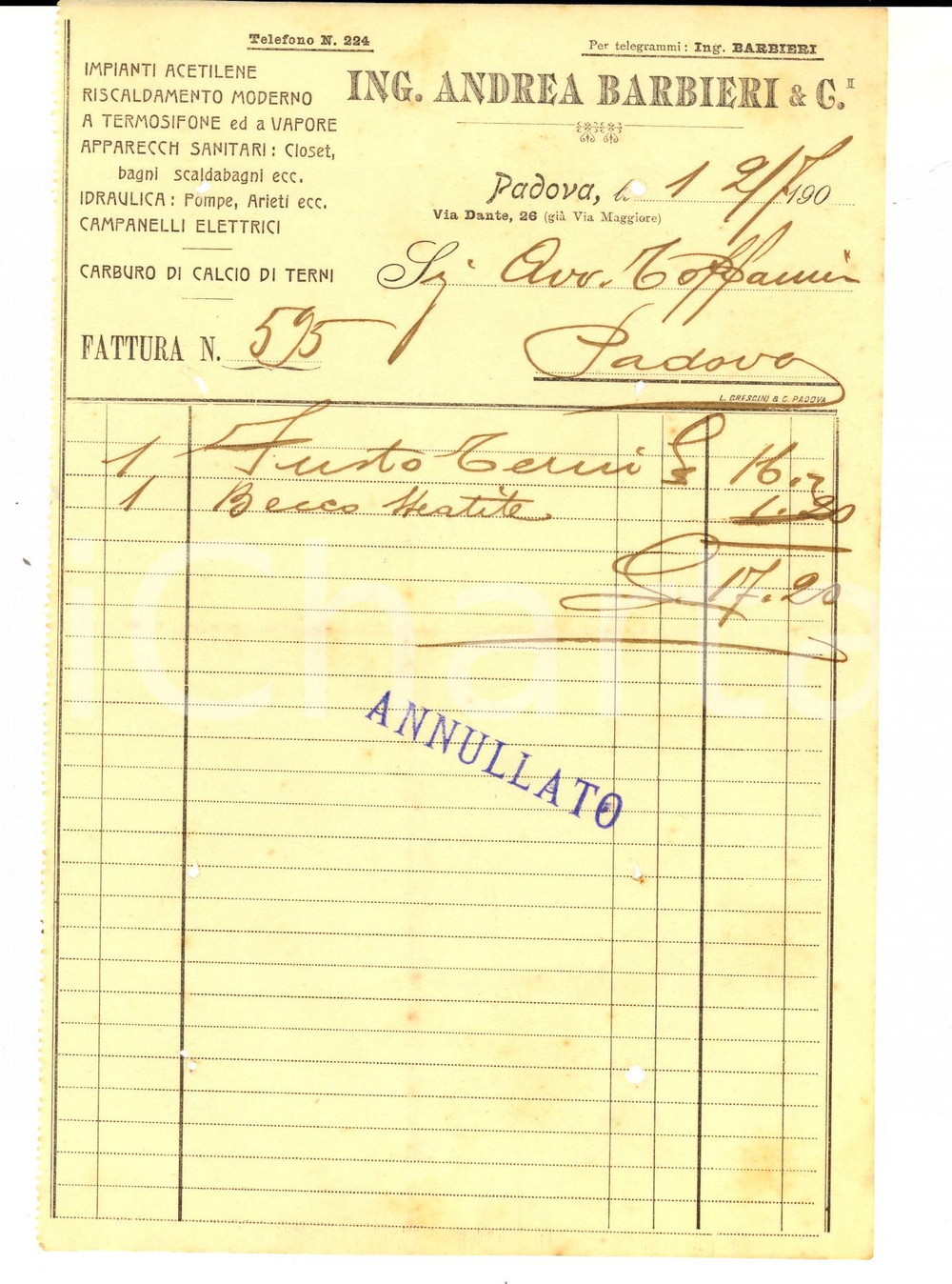 Documento originale, autentico 1900 PADOVA Ing. Andrea BARBIERI & C.  Impianti riscaldamento Fattura 1