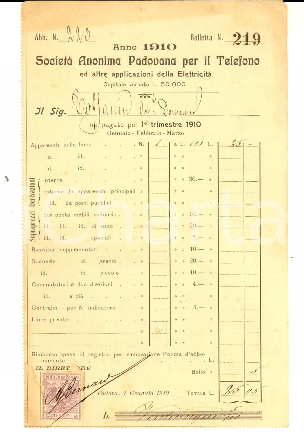 Documento originale, autentico 1910 PADOVA SocietÃ  Anonima Padovana per il Telefono  Bolletta trimestrale 1