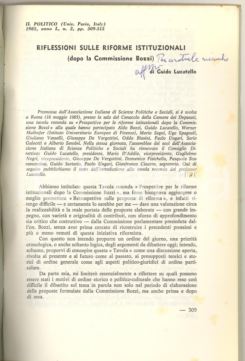 Libro, pubblicazione d epoca 1985 Guido LUCATELLO Riflessioni sulle riforme istituzionali Invio AUTOGRAFO 1