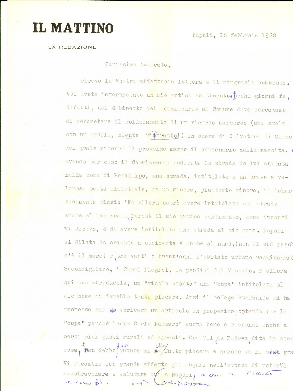 Autografo originale 1960 NAPOLI IL MATTINO Carlo NAZZARO sogna una via a sÃ¨ intitolata Autografo 1
