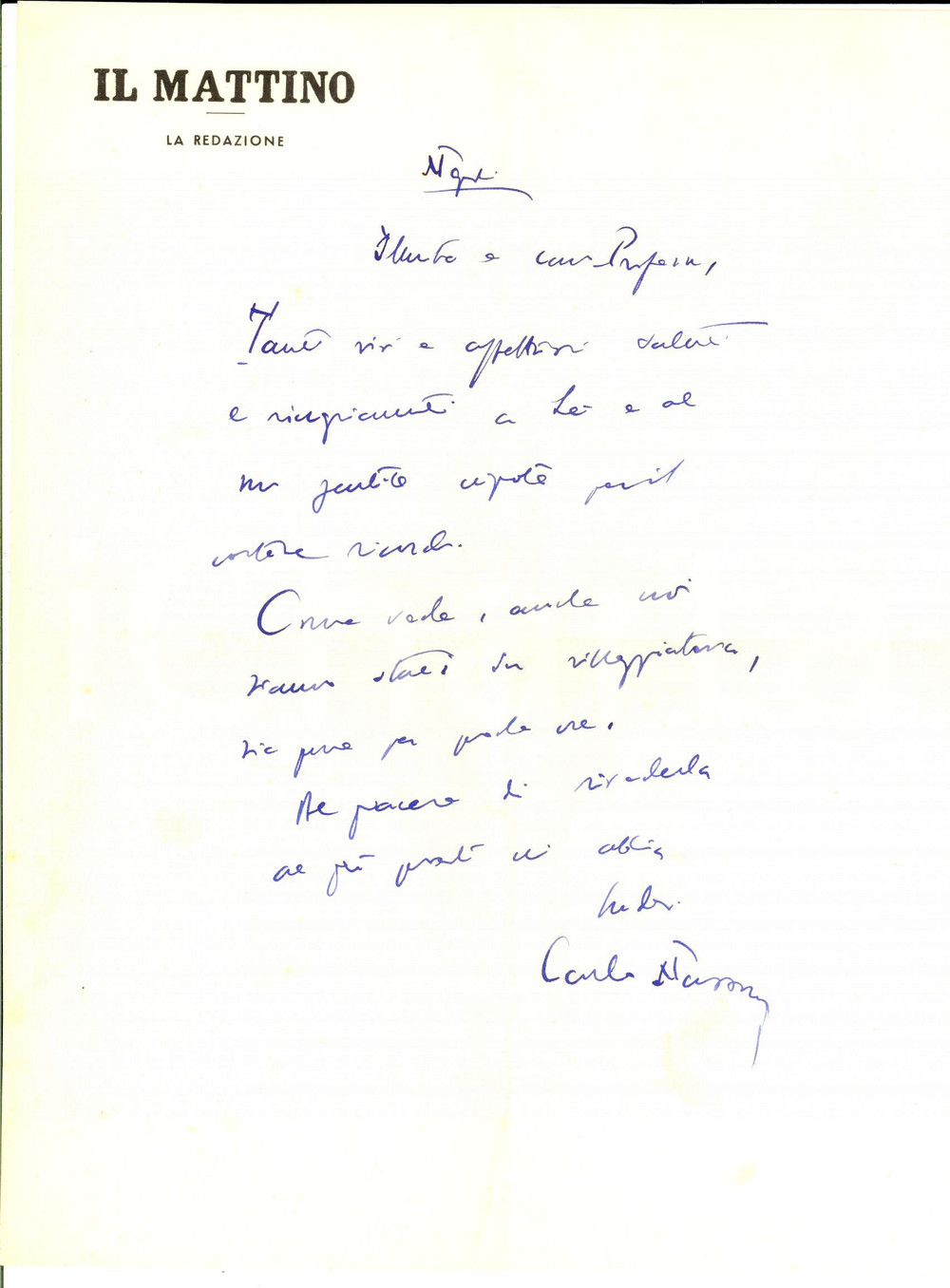 Autografo originale 1960 ca NAPOLI IL MATTINO Carlo NAZZARO  Lettera di ringraziamento Autografo 1
