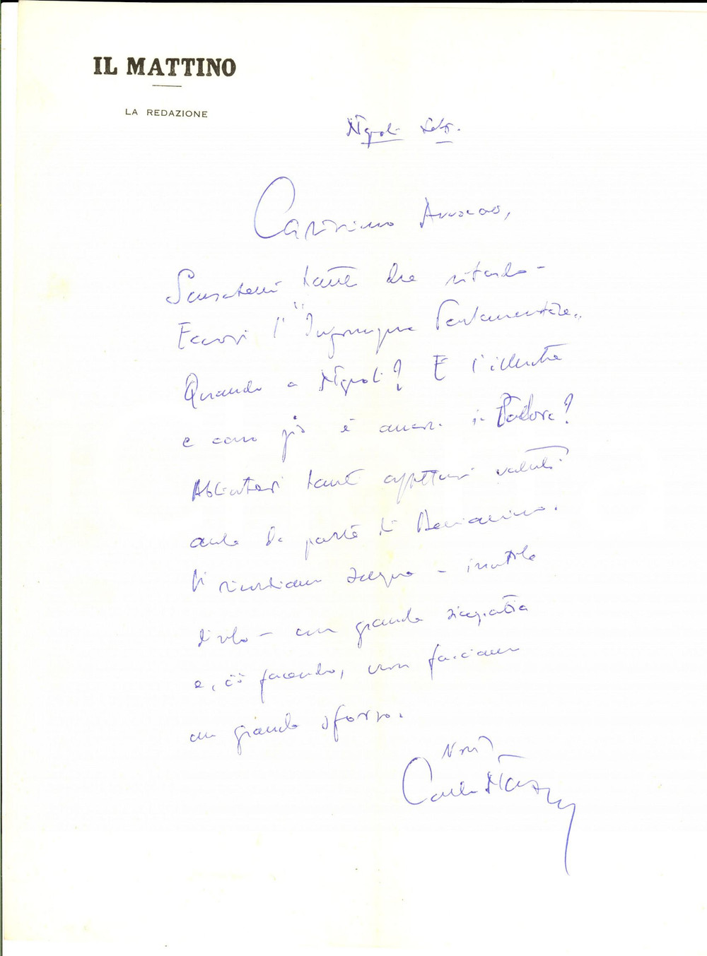 1960 ca NAPOLI IL MATTINO Carlo NAZZARO invita collaboratore in città *Autografo