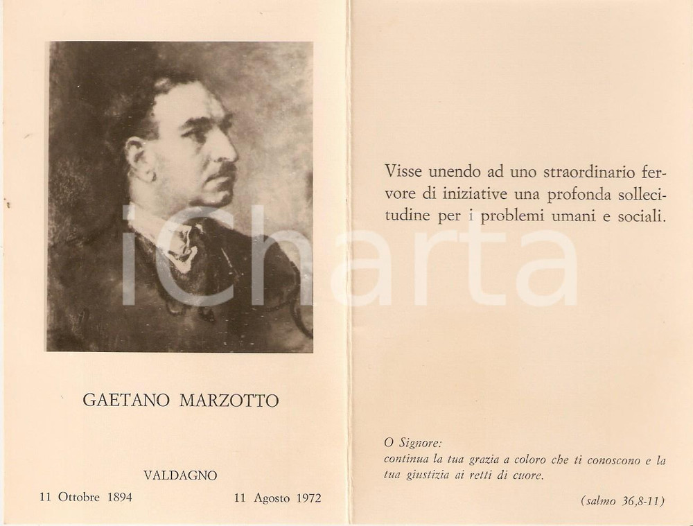 Oggetto da collezione cartaceo 1972 VALDAGNO In memoria di Gaetano MARZOTTO Santino con ritratto 1