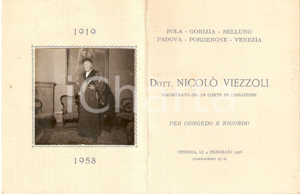 Oggetto da collezione cartaceo 1958 VENEZIA Congedo del magistrato Nicolò VIEZZOLI Biglietto celebrativo 1