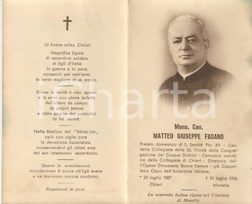 Oggetto da collezione cartaceo 1956 MORETTA In memoria Mons. Matteo Giuseppe FASANO Cappellano Capo AVIAZIONE 1