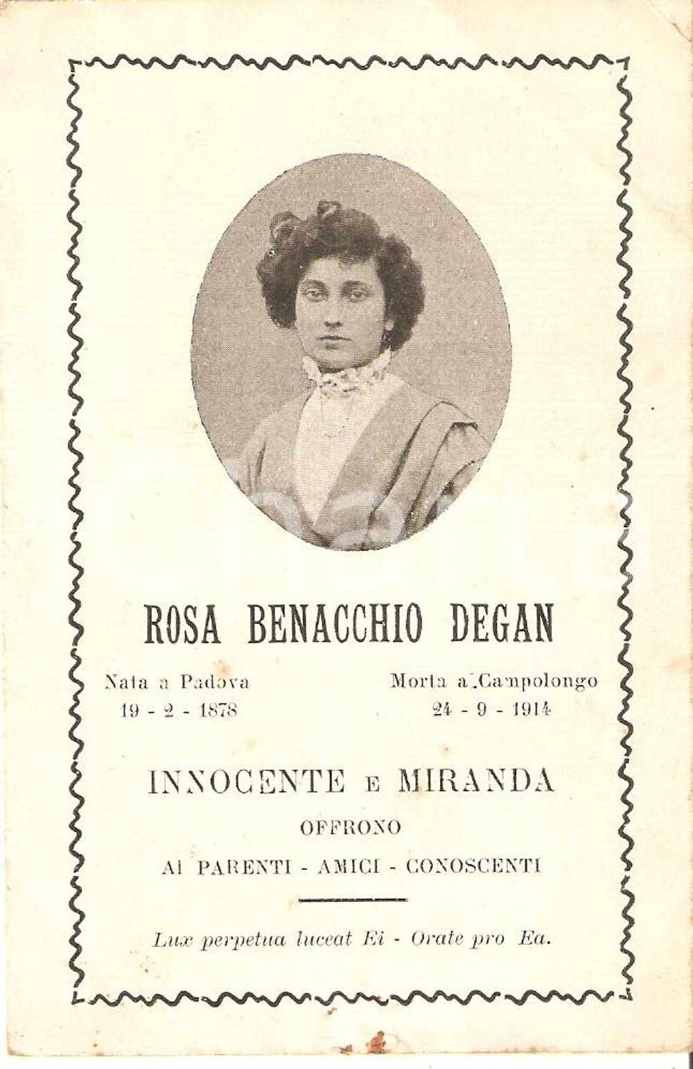 Oggetto da collezione cartaceo 1914 CAMPOLONGO In memoria di Rosa BENACCHIO DEGAN Santino con ritratto 1