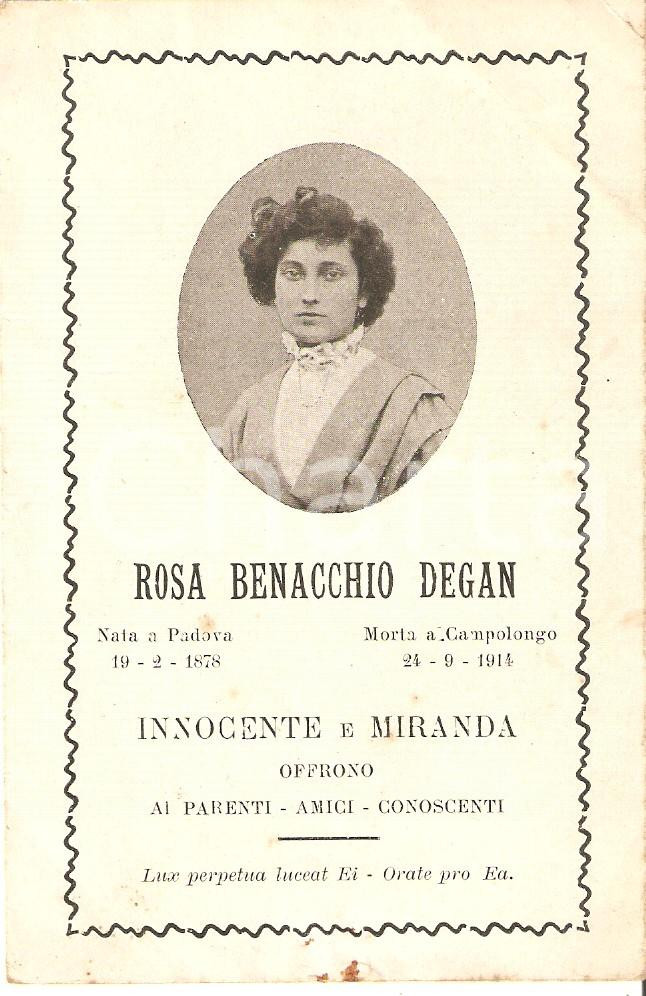 Oggetto da collezione cartaceo 1914 CAMPOLONGO In memoria di Rosa BENACCHIO DEGAN Santino con ritratto 1
