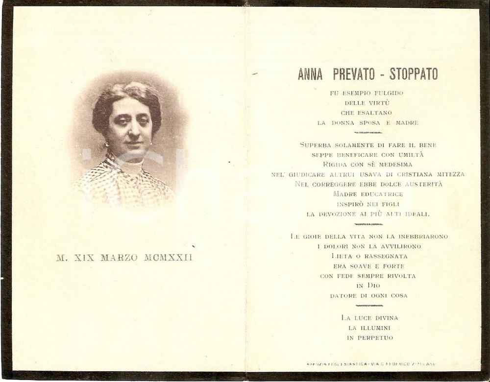 Oggetto da collezione cartaceo 1922 In memoria di Anna PREVATO Moglie senatore Alessandro STOPPATO Santino 1