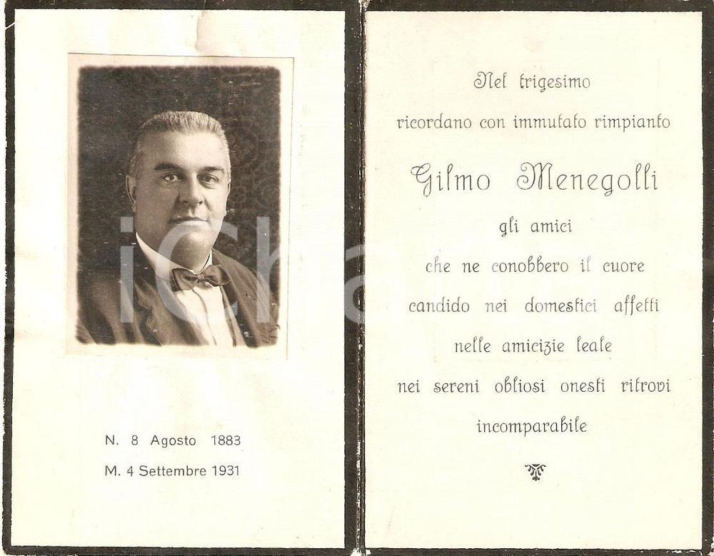 Oggetto da collezione cartaceo 1931 In memoria di Gilmo MENEGOLLI Albergatore Santino con ritratto 1