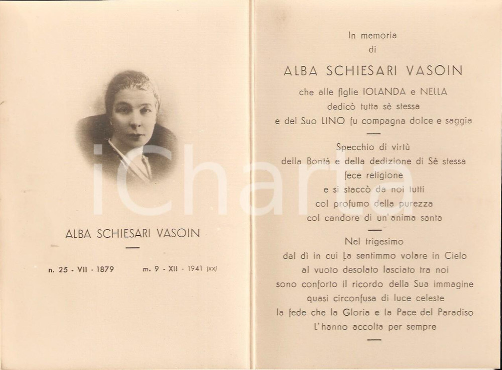 Oggetto da collezione cartaceo 1941 In memoria di Alba SCHIESARI VASOIN Santino con ritratto 1