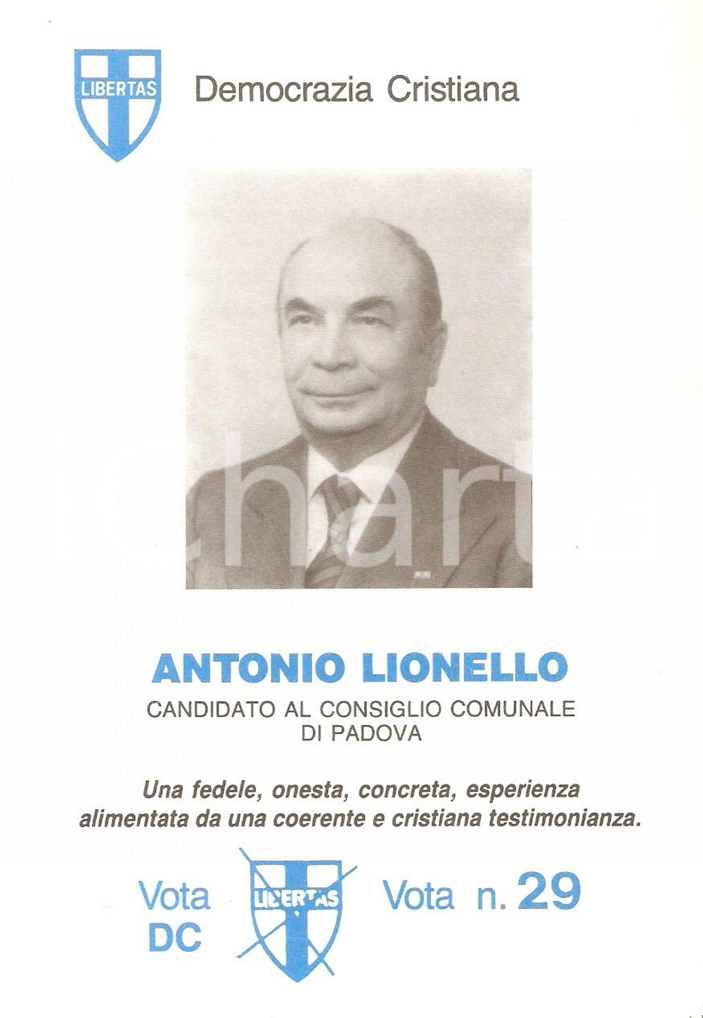 Materiale pubblicitario d’epoca 1985 PADOVA Antonio LIONELLO Candidato DC Elezioni amministrative Volantino 1