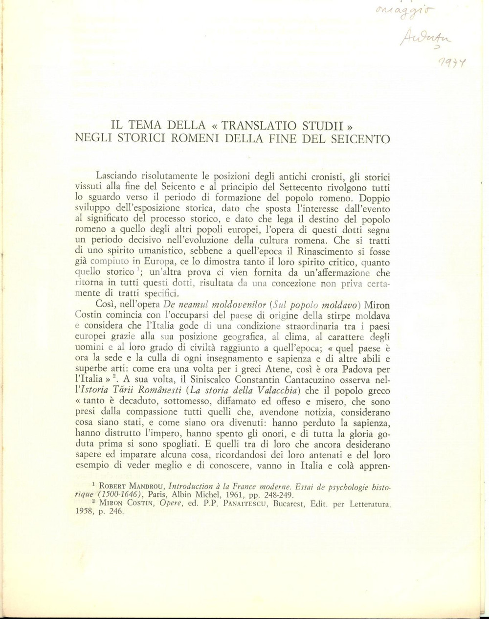 Libro, pubblicazione d epoca 1971 Alexandru DUTU Il tema della Translatio studii negli storici romeni 1