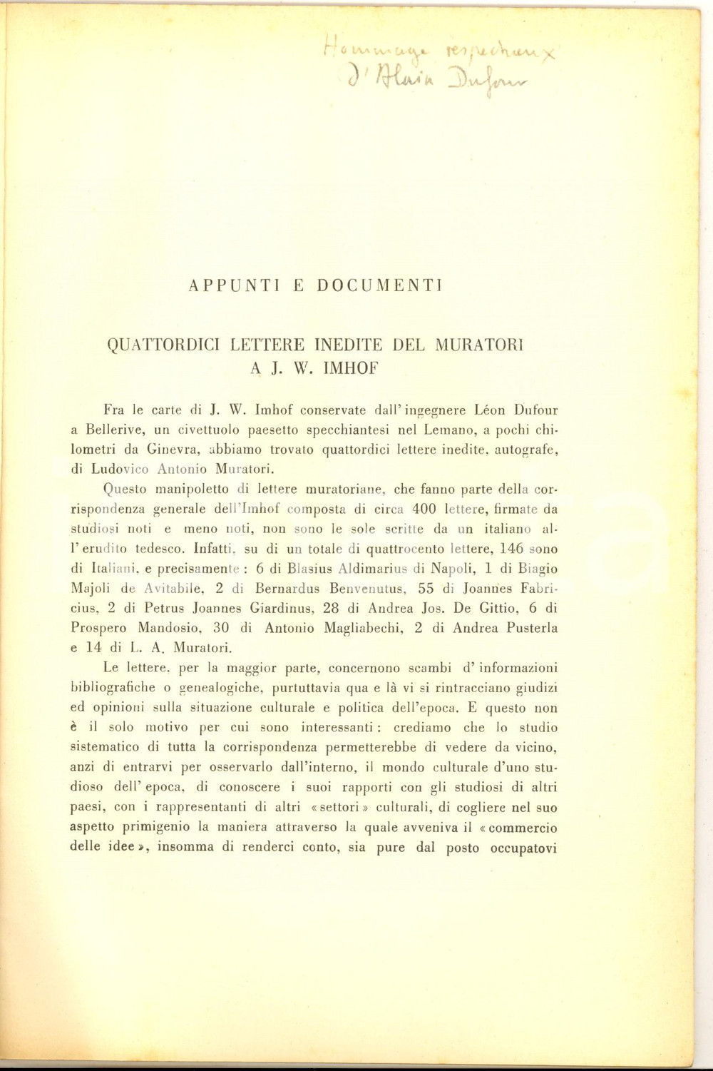 Libro, pubblicazione d epoca 1957 Alain DUFOUR Quattordici lettere inedite del Muratori a Imhof AUTOGRAFO 1