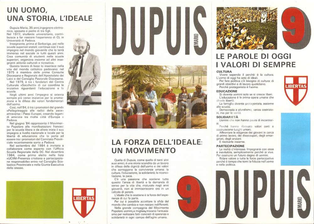 Materiale pubblicitario d’epoca 1985 DEMOCRAZIA CRISTIANA Mario DUPUIS Candidato elezioni regionali VENETO 1
