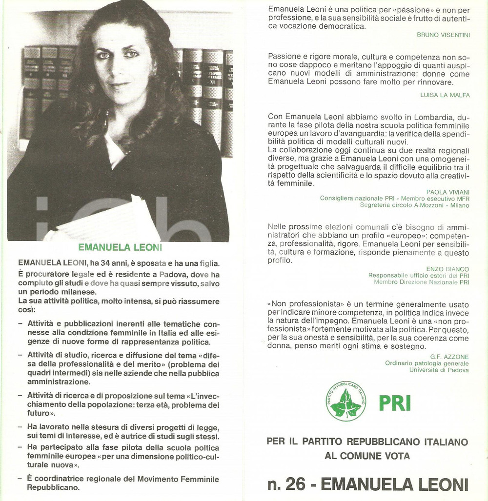 Materiale pubblicitario d’epoca 1985 PADOVA Emanuela LEONI Candidato PRI Elezioni amministrative Pieghevole 1