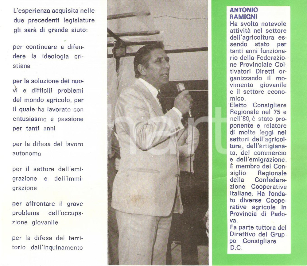 Materiale pubblicitario d’epoca 1985 DEMOCRAZIA CRISTIANA Antonio RAMIGNI Candidato elezioni regionali VENETO 1