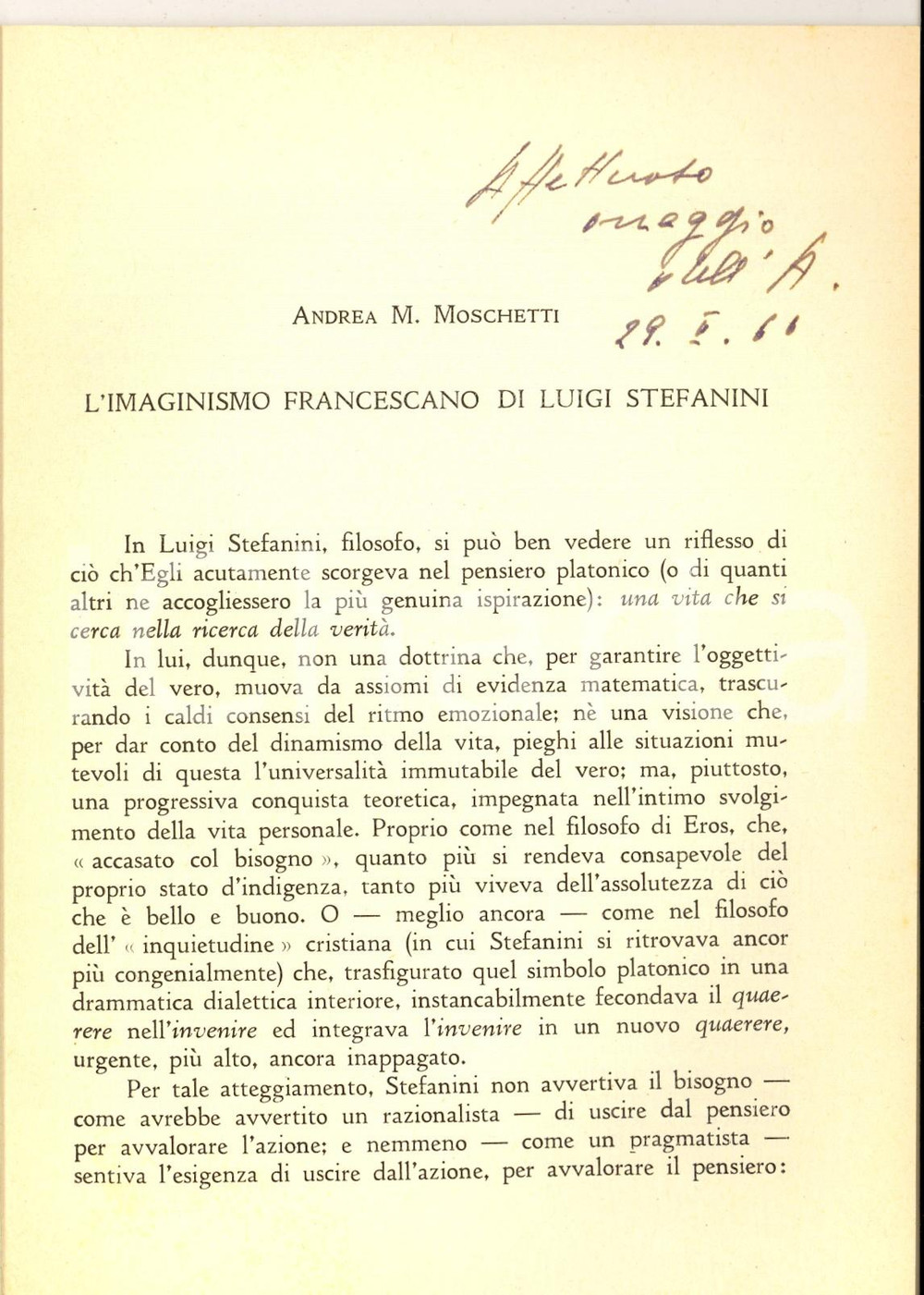 Libro, pubblicazione d epoca 1966 Andrea MOSCHETTI L imaginsimo francescano di Luigi Stefanini Autografo 1