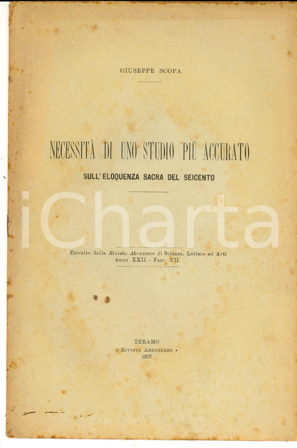 Libro, pubblicazione d epoca 1907 Giuseppe SCOPA NecessitÃ  di uno studio sull eloquenza sacra del Seicento 1