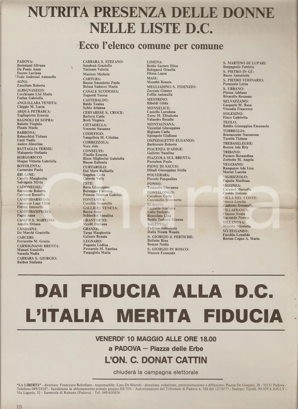 Giornale, rivista storica 1985 PADOVA  LA LIBERTÃ€ Presenza femminile nelle liste DC Periodico Anno 3 n.11 1