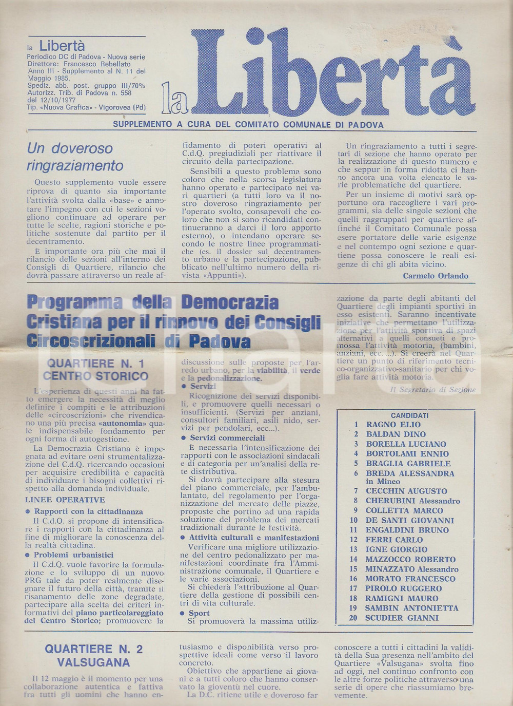 Giornale, rivista storica 1985 PADOVA  LA LIBERTÃ€ Programma DC Consigli circoscrizionali Supplemento n.11 1