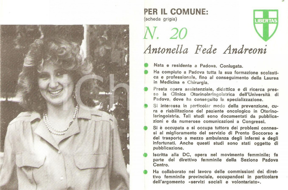 Materiale pubblicitario d’epoca 1985 PADOVA Antonella FEDE ANDREONI Candidato DC Elezioni amministrative 1
