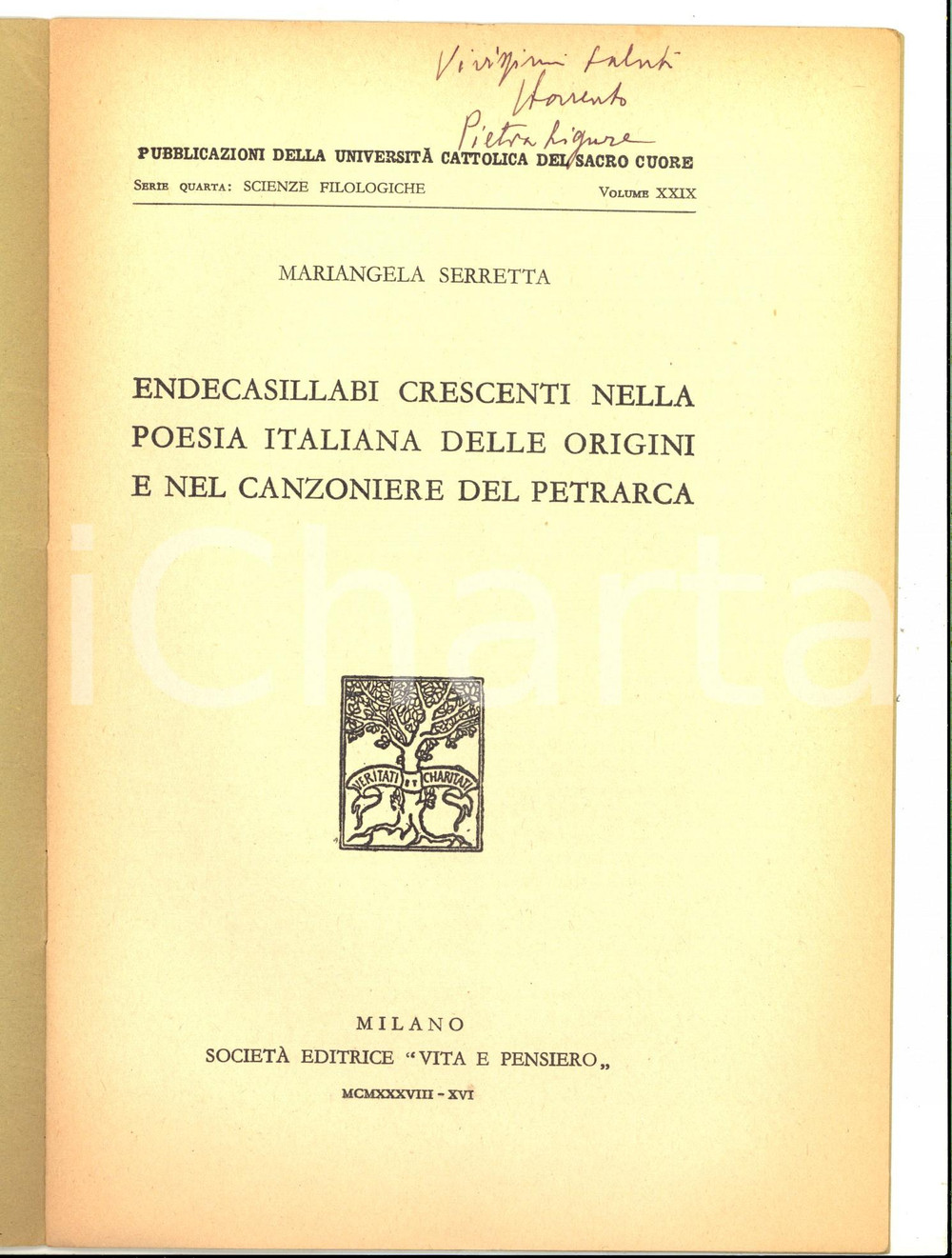 Libro, pubblicazione d epoca 1938 MILANO Luigi SORRENTO Prefazione a Mariangela SERRETTA AUTOGRAFO 1